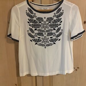 Madewell White Blouse with Black Embroidery